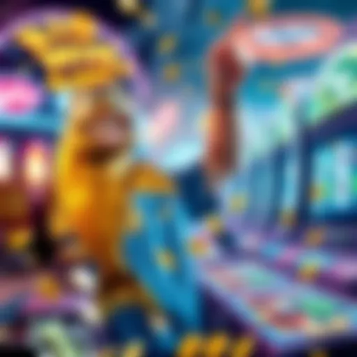 Big Bass Slot Game Win A person celebrating a big win at the Big Bass slot game, with coins and colorful graphics around