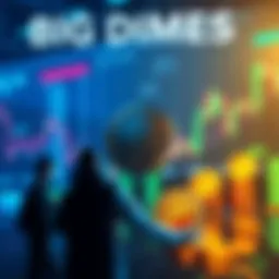 A visual representation of Big Dimes coins with market trend graphs and people discussing cryptocurrency.