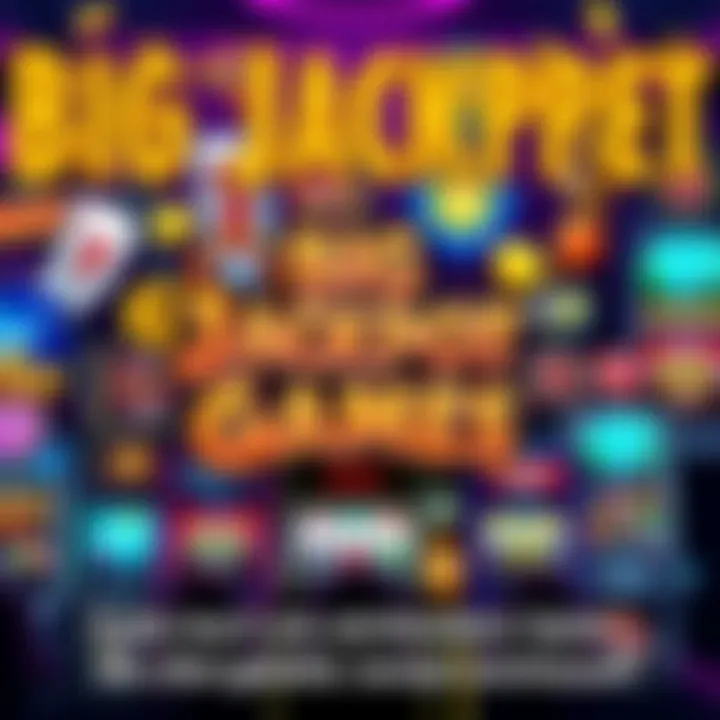 A collage of popular slot machines and card games with colorful jackpot signs