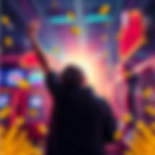 A person celebrating a big win at a slot machine with colorful lights and coins around
