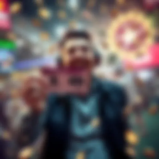 A joyful person celebrating a big win while holding a ticket showing a small bet amount, surrounded by coins and cash.