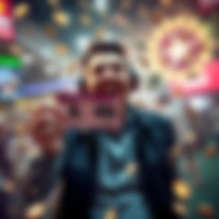 A joyful person celebrating a big win while holding a ticket showing a small bet amount, surrounded by coins and cash.