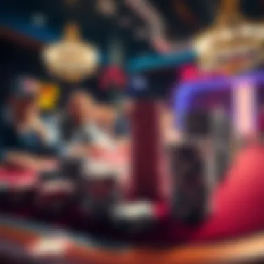 A table at a poker game showing large stacks of chips with players engaged in the game.