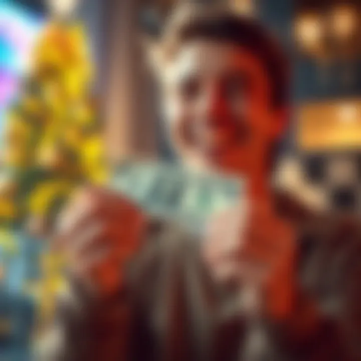 A person celebrating a small cash win with a joyful expression, holding a $4 bill in their hand, surrounded by a festive atmosphere.