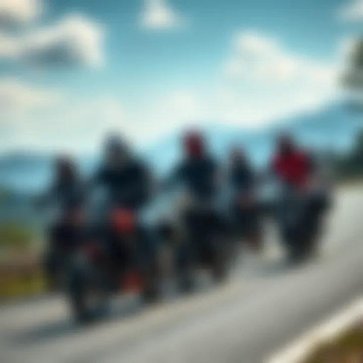 A group of motorcyclists riding in formation on a scenic road, enjoying their bikes and the open air.