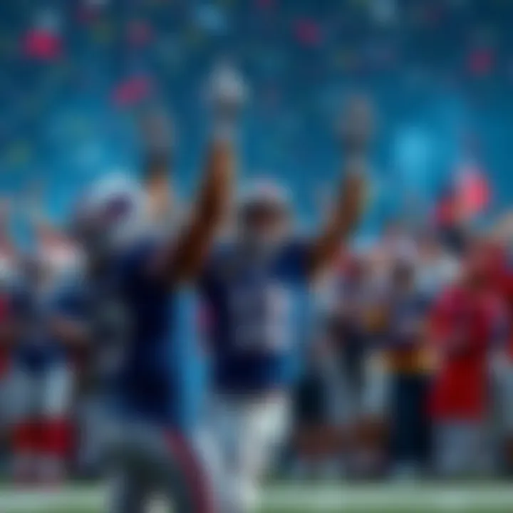 The Bills celebrating a victory in an exciting football game with fans cheering in the background