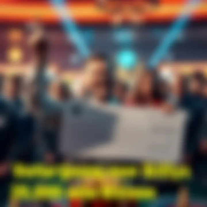 A man joyfully holding a large check while others look frustrated in the background.