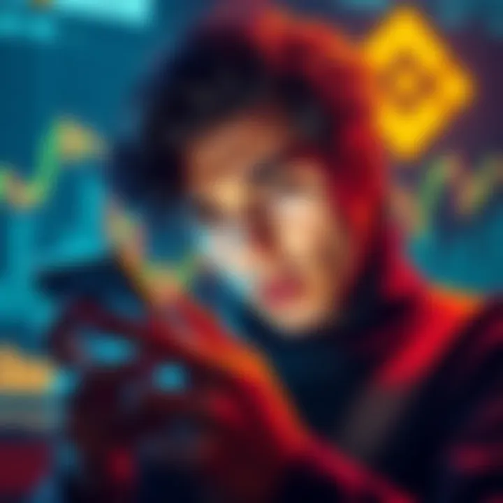 Binance Update A person looking worried while checking a Binance account on a smartphone, with financial graphs in the background.