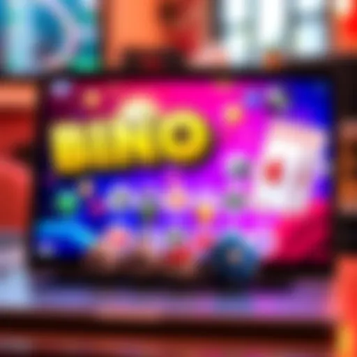 A colorful Bingo game displayed on a laptop with cheerful graphics and game pieces