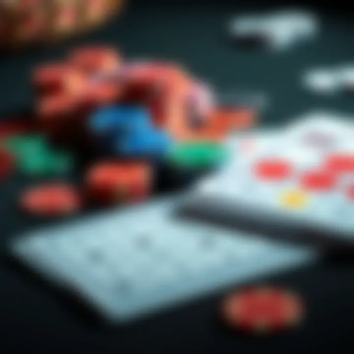 A close-up of bingo cards alongside colorful poker chips during a game session