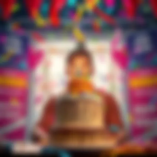 A person celebrating their birthday with a cake and confetti, surrounded by promotional banners for Stake bonuses.