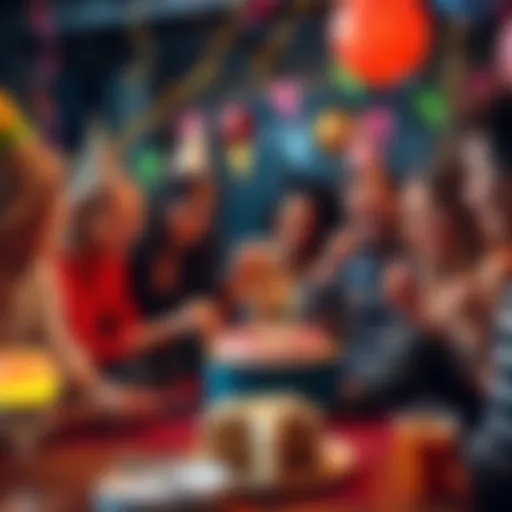 A group of friends celebrating a birthday with games and friendly bets, surrounded by colorful decorations and a cake.