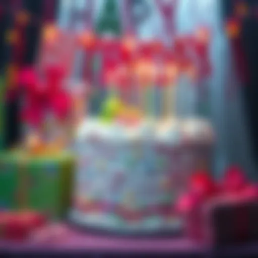A festive birthday scene featuring a colorful cake and wrapped gifts, suggesting a celebration