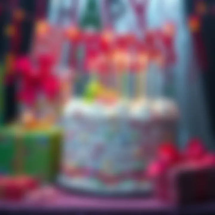 A festive birthday scene featuring a colorful cake and wrapped gifts, suggesting a celebration