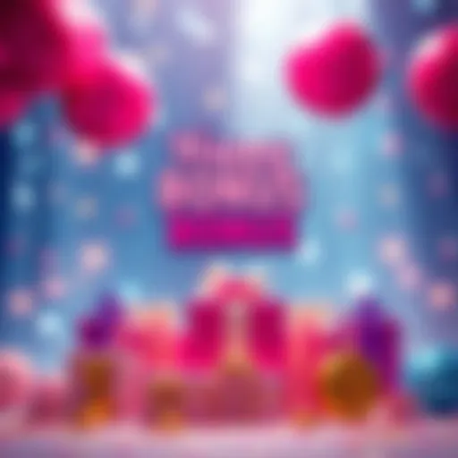 Graphic showing a celebration theme with gifts and balloons representing birthday bonuses for players