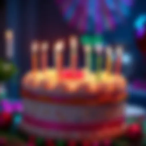 A colorful birthday cake with candles and festive decorations, representing a birthday bonus event.
