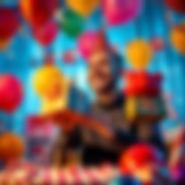 A person receiving a birthday gift with a smile, surrounded by balloons and decorations.