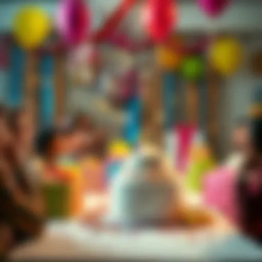 A colorful birthday celebration scene with gifts and a cake on a table, showing various birthday bonuses shared by people.