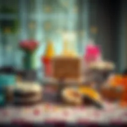 A table with various birthday gifts and treats showcasing different types of bonuses, from small cakes to larger presents.