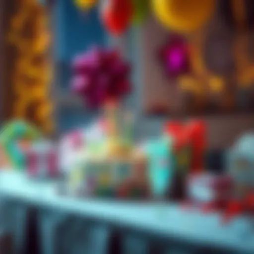 Birthday celebration with gifts A birthday party scene with a cake and colorful gifts on a table