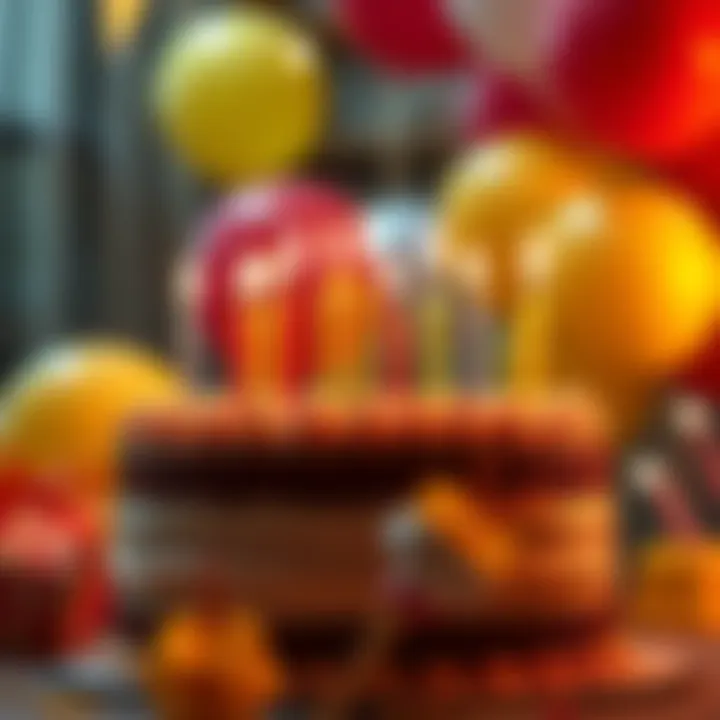 A decorated birthday cake with candles and festive balloons in the background