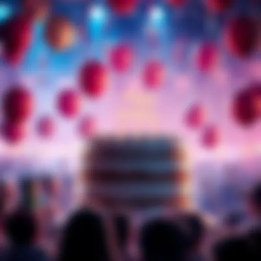 A festive birthday party scene with a large cake and balloons, showing people gathering to celebrate