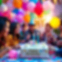 A colorful birthday party with balloons, cake, and people enjoying together.