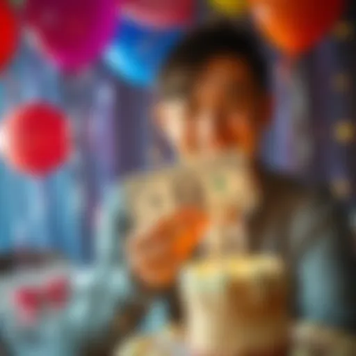 A person smiling while holding a 2 dollar bill at a birthday party with balloons and cake in the background