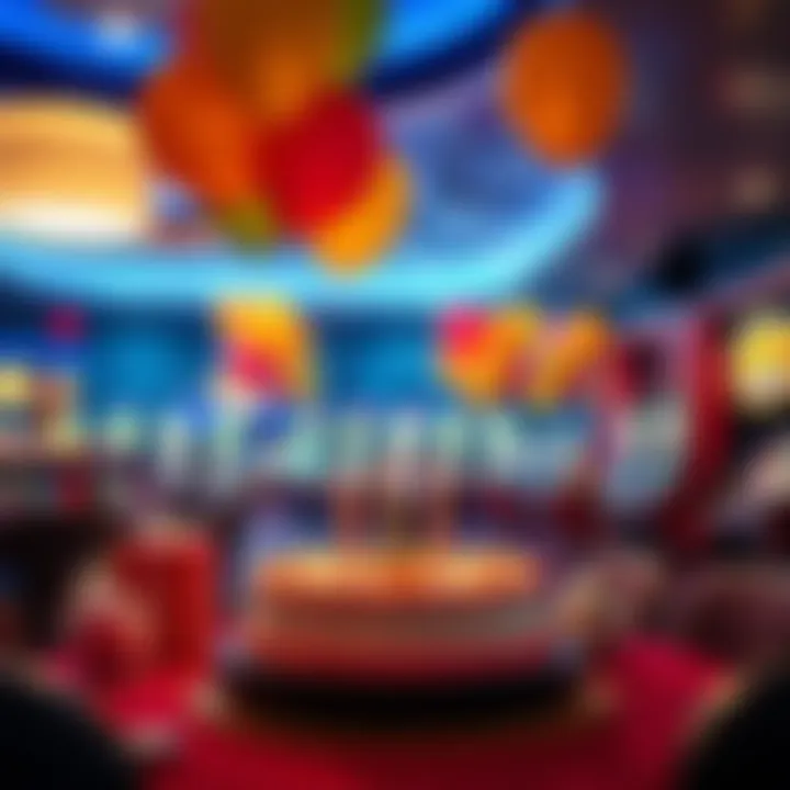 Birthday Celebration in Casino A casino scene with balloons and a birthday cake, celebrating a player's birthday with free spins and special offers.