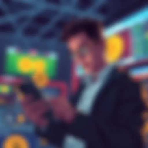 A person checking their smartphone for Bitcoin betting site information, highlighting payouts and customer service experiences.