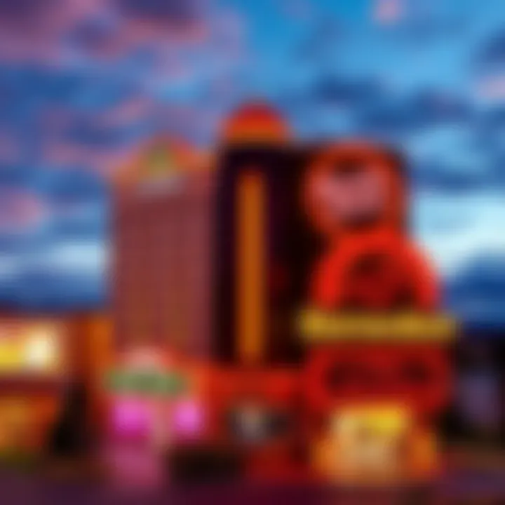 Two casino hotels in Blackhawk, Lady Luck and Horseshoe, with a scenic view in the background.