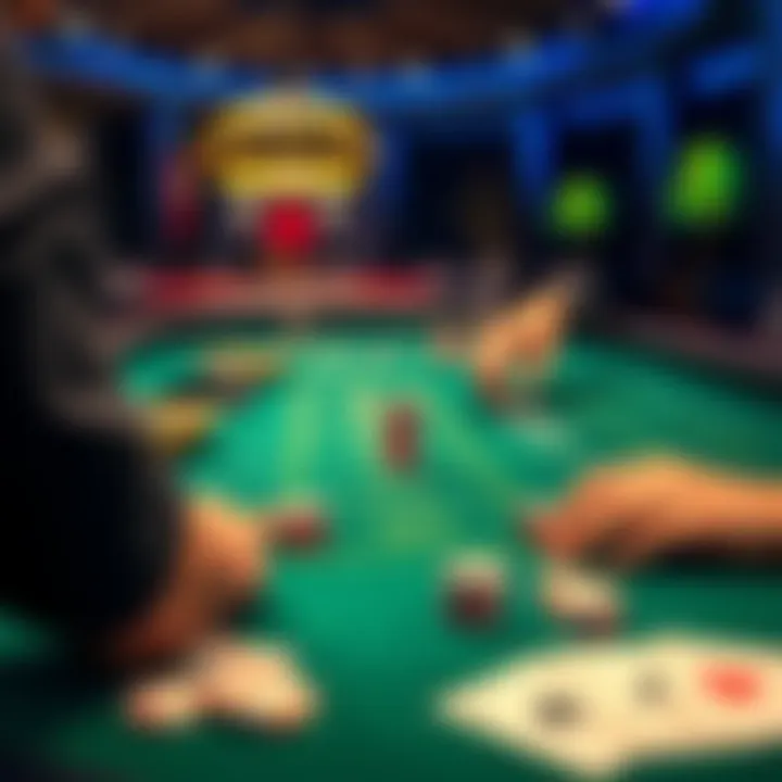 A person placing a bet at a blackjack table with cards and chips on the felt.