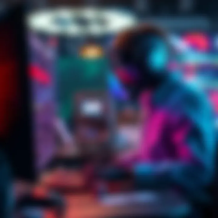 Blackjack Bot Development A developer creating a Blackjack bot with a computer, showcasing code and gaming elements.