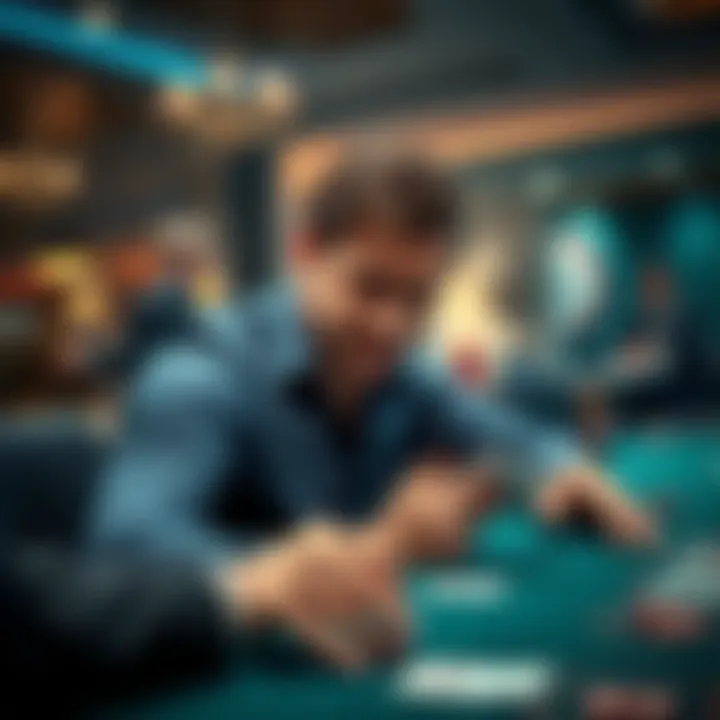 A frustrated player at a blackjack table showing disappointment after losing despite having good cards, with a dealer in the background.