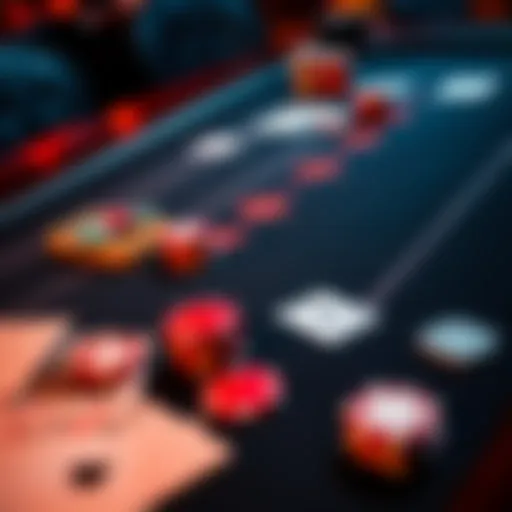 A blackjack table featuring cards and colorful chips, showcasing a game in action.