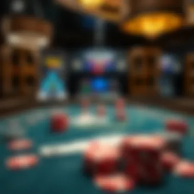 A blackjack table featuring cards, chips, and a Continuous Shuffle Machine in the background