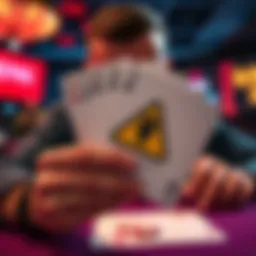 A concerned player holds a deck of cards with a caution sign, symbolizing the risks of manipulated blackjack games in Vegas