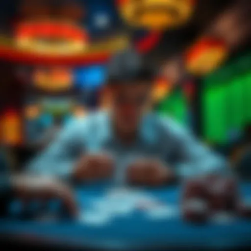 A young man focused on counting cards at a blackjack table in a casino, looking anxious but determined