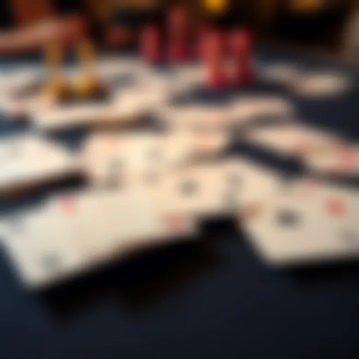A close-up of blackjack cards spread on a casino table, showcasing the game setup without players