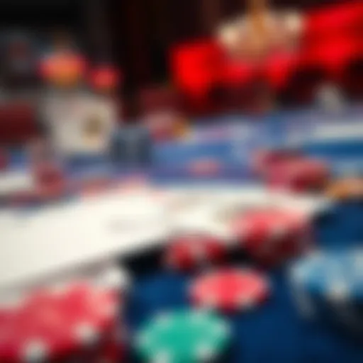 A close-up view of blackjack cards and colorful chips arranged on a casino table, illustrating a game scenario.