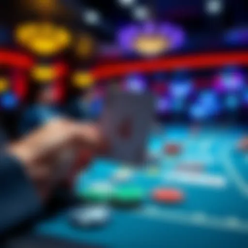 Blackjack game with dealer showing 4 A close-up view of a blackjack table with a dealer revealing a card showing 4, while players consider their options for hitting or standing with a hand of 12.