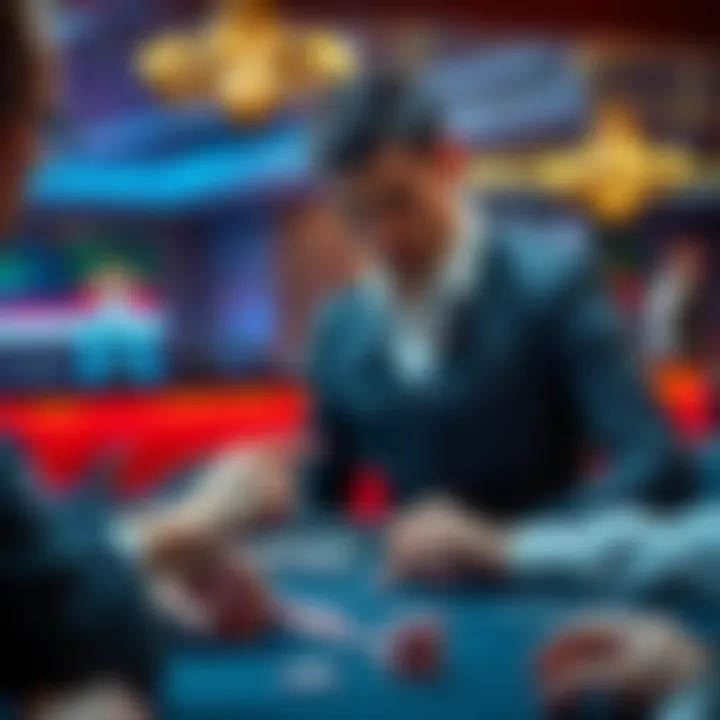 A frustrated blackjack dealer stands at the table while a player contemplates his $5 tip, with cards and chips visible.