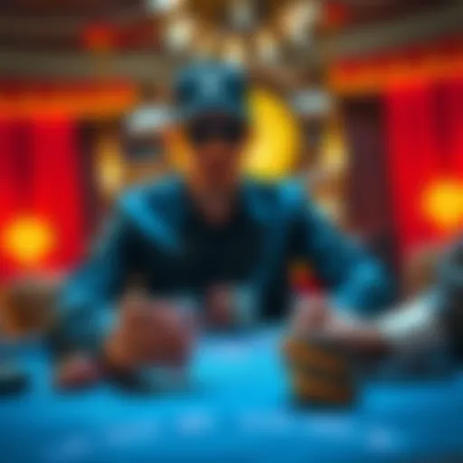 A player contemplating their next move at a blackjack table, showing a weak hand against a dealer's strong hand.