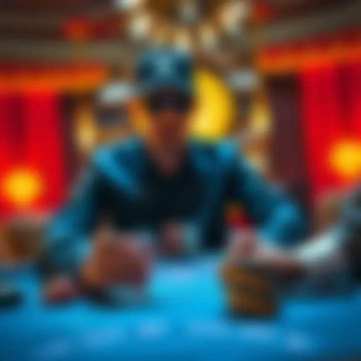 A player contemplating their next move at a blackjack table, showing a weak hand against a dealer's strong hand.