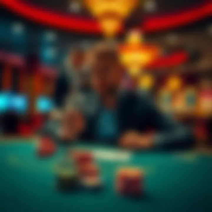 A player at a casino table showing a hard 16 against the dealer's 10, with chips stacked in front of him, while a pit boss looks concerned in the background.