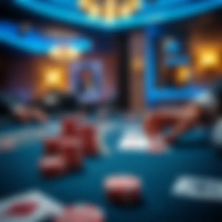 A close-up view of a blackjack game table with cards and chips, highlighting a player making a winning move with excitement.