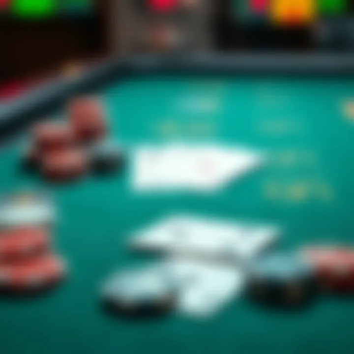 A close-up of a blackjack table showing cards and poker chips, highlighting strategies and rewards in the game.