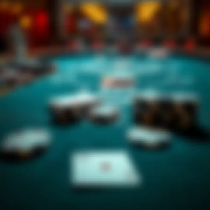 A close-up of a Blackjack game table featuring cards and chips ready for play