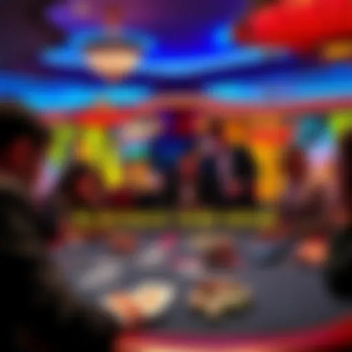 A lively casino scene showcasing people playing Blackjack and Keno, with cards and chips visible on the tables, creating an exciting atmosphere.