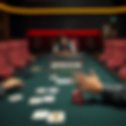 A blackjack table showing multiple losing hands, empty chairs around, and a frustrated player looking at the cards.